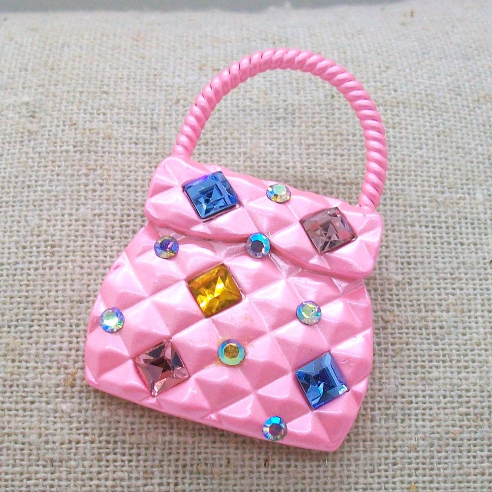 Vintage Enamel Pink Quilt Multicolor Crystals Purse Pin